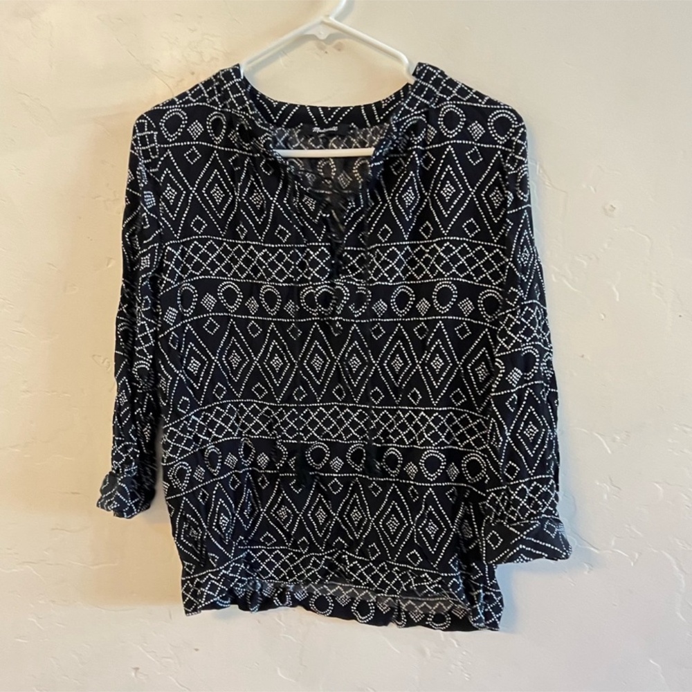 Madewell Black & White Printed Lace Up Blouse Extra Small